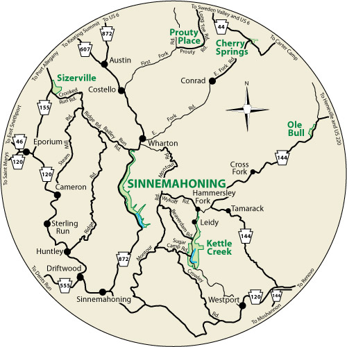 A circular map that shows the roads surrounding Sinnemahoning State Park