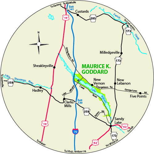 A circular map that shows the roads surrounding Maurice K. Goddard State Park
