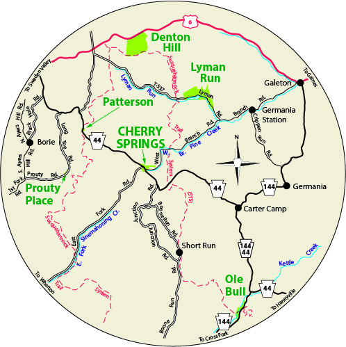 A circular map that shows the roads surrounding Cherry Springs State Park