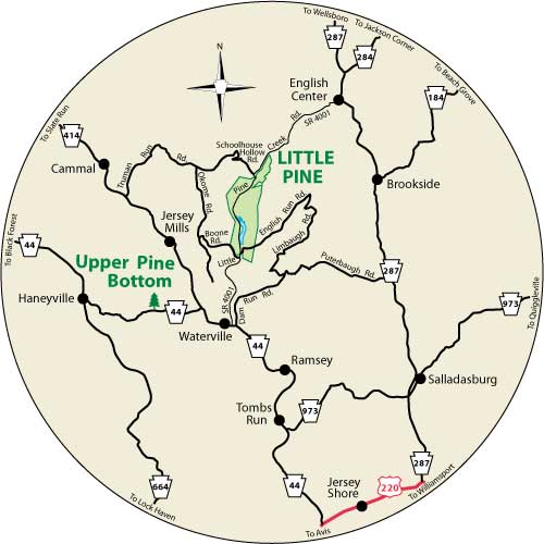 A circular map that shows the roads surrounding Little Pine State Park