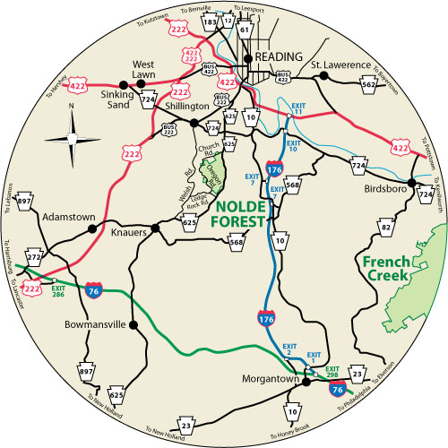 A circular map that shows the roads surrounding Nolde Forest Environmental Education Center