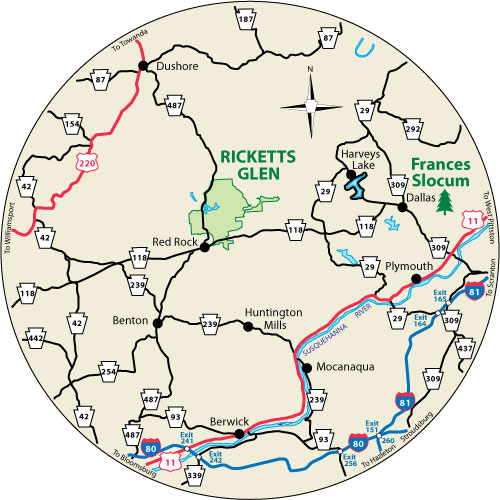 This circular map shows the roads near the park.