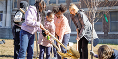 Department of Conservation and Natural Resources Secretary Cindy Adams Dunn plants a tree with four students in front of a school.